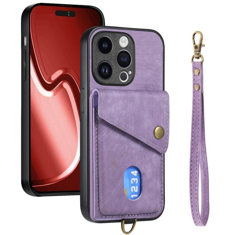 For iPhone 15 Pro Max Retro Card Wallet Fold Leather Phone Case with Strap(Purple) - iPhone 15 Pro Max Cases by buy2fix | Online Shopping UK | buy2fix