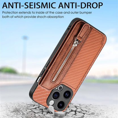 For iPhone 15 Pro Max Carbon Fiber Horizontal Flip Zipper Wallet Phone Case(Brown) - iPhone 15 Pro Max Cases by buy2fix | Online Shopping UK | buy2fix