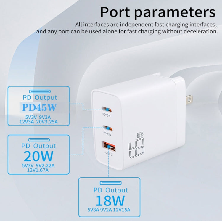 GAN 65W PD45W Dual Type-C+QC3.0 USB Multi Compatible Laptop Adapter AU + US Plug White - Power Supply by buy2fix | Online Shopping UK | buy2fix