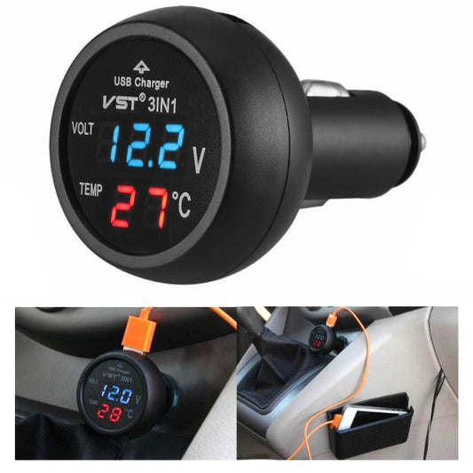 3 In 1 Car USB Charger Car Cigarette Lighter With Voltage Detection Display Multi-function Monitoring Table(Red Blue) - In Car by buy2fix | Online Shopping UK | buy2fix