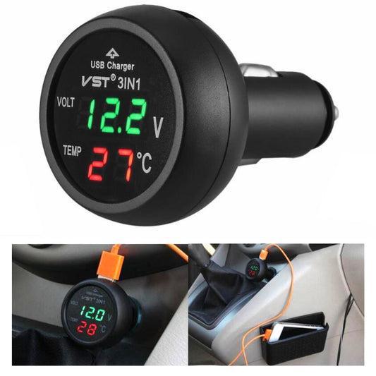 3 In 1 Car USB Charger Car Cigarette Lighter With Voltage Detection Display Multi-function Monitoring Table(Red Green) - In Car by buy2fix | Online Shopping UK | buy2fix