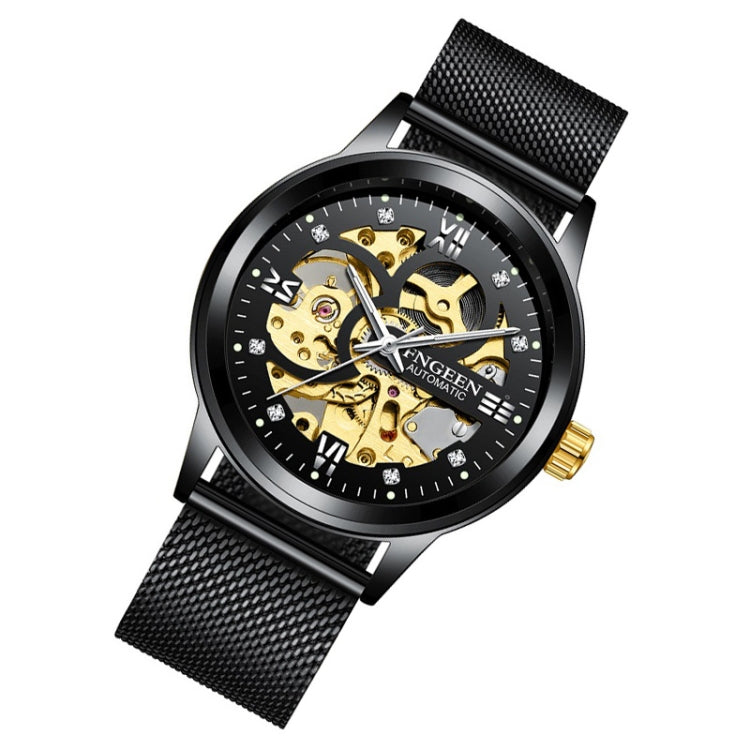 FNGEEN 6018 Men Automatic Mechanical Watch Waterproof Luminous Diamond Double-Sided Hollow Watch(Black Mesh Belt Black Surface) - Alloy Watches by FNGEEN | Online Shopping UK | buy2fix