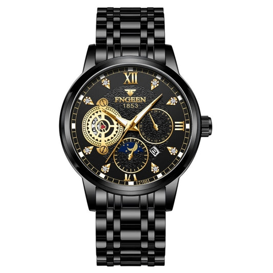 FNGEEN 2166 Men Three-eye Hollow Quartz Watch Student Sports Electronic Watch(Black Steel Black Surface Gold Nails) - Metal Strap Watches by FNGEEN | Online Shopping UK | buy2fix