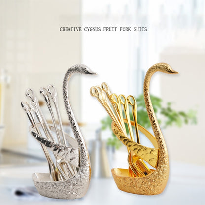 Swan Fruit Fork And Spoon Set Dessert Fork Fruit Fork Rack Tableware Wedding Gift, Colour: Golden Stripe With 6 Spoons - Home & Garden by buy2fix | Online Shopping UK | buy2fix