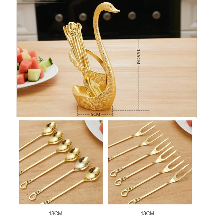 Swan Fruit Fork And Spoon Set Dessert Fork Fruit Fork Rack Tableware Wedding Gift, Colour: Golden Stripe With 6 Spoons - Home & Garden by buy2fix | Online Shopping UK | buy2fix