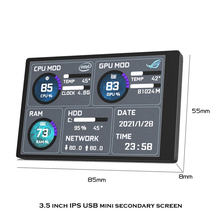 3.5 Inch IPS View All Computer Monitor USB Chassis Vice Screen Set 1 (Black) - Computer & Networking by buy2fix | Online Shopping UK | buy2fix