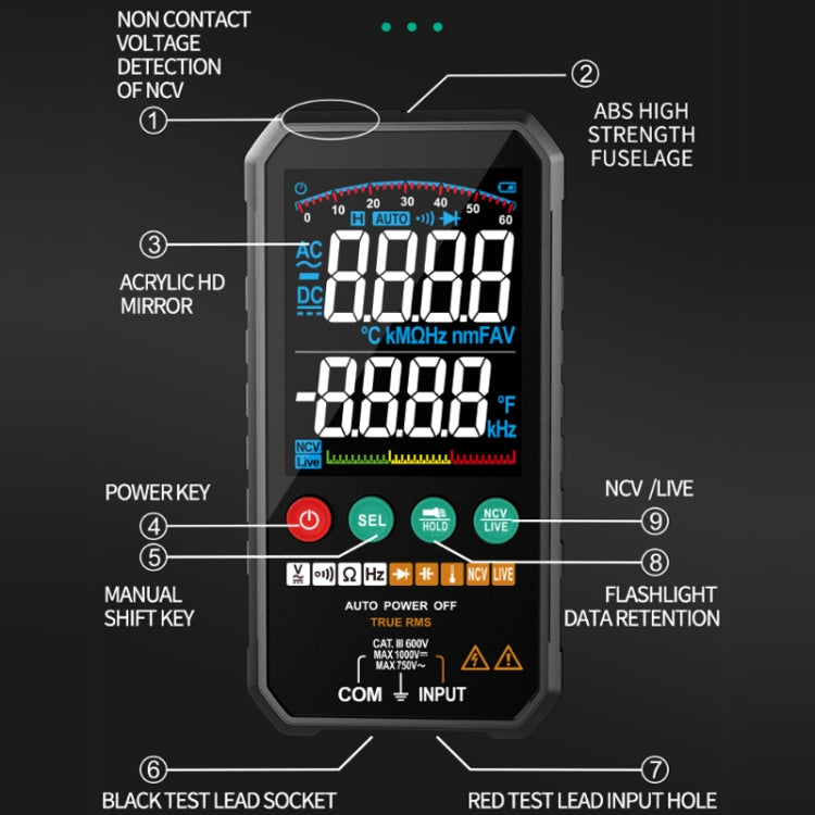 FY107C Automatic/Manual Colour Screen High Precision Intelligent Portable Digital Multimeter With Temperature Capacitive Diodes - Consumer Electronics by buy2fix | Online Shopping UK | buy2fix