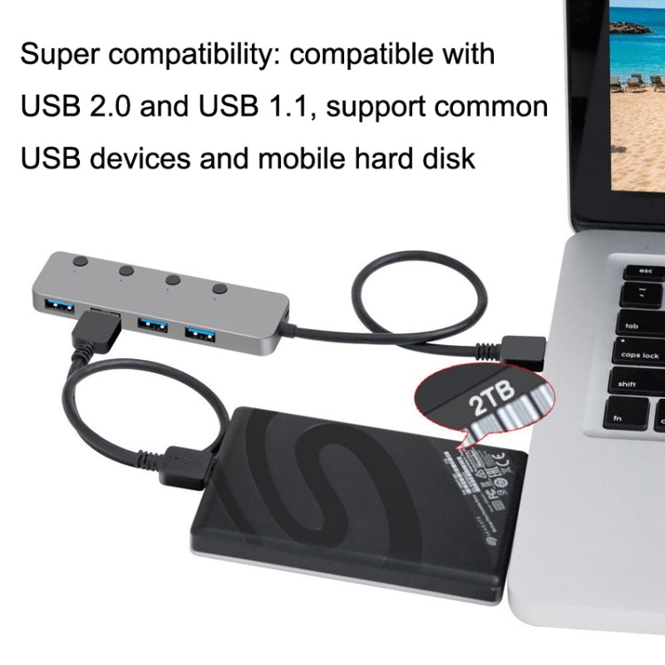 HS0059 Independent Switch USB 3.0 4 Ports Extension Type-C / USB-C Aluminum Alloy HUB, Cable Length: 120cm - USB 3.0 HUB by buy2fix | Online Shopping UK | buy2fix