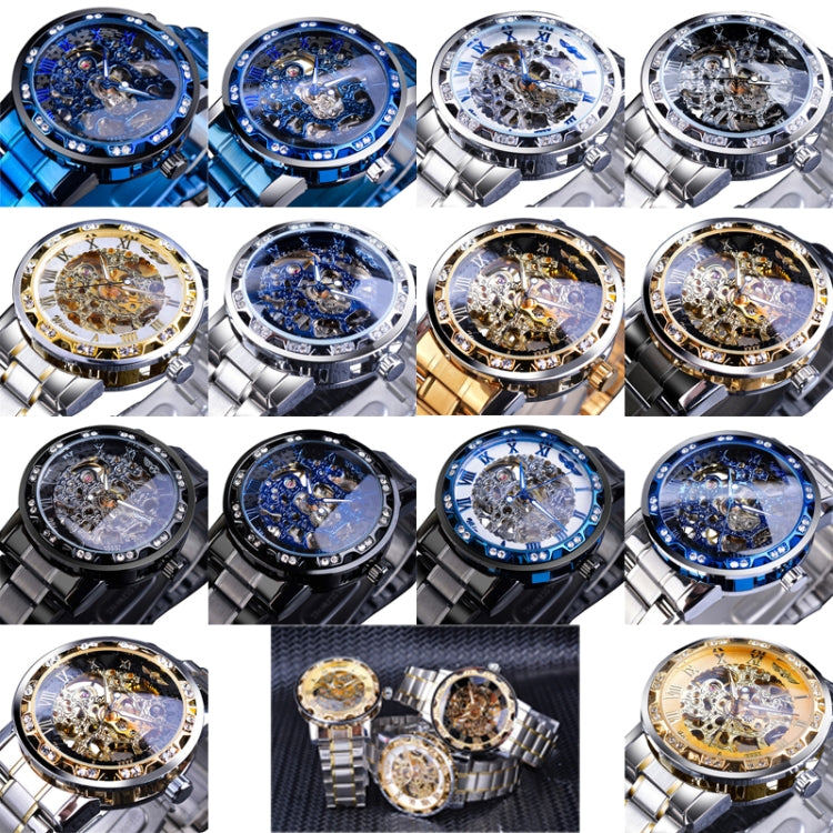 Winner Leisure Skeleton Diamond Luminous Pointer Watch Men Manual Mechanical Watch(Black Belt Black Shell Black Face) - Metal Strap Watches by Winner | Online Shopping UK | buy2fix