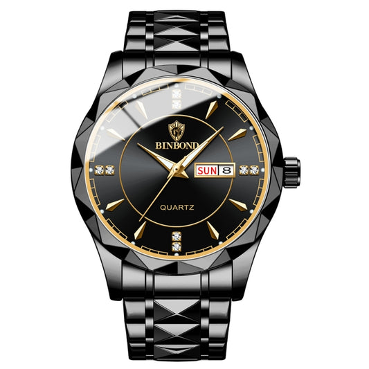 BINBOND B5552 Luminous Multifunctional Business Calendar Quartz Watch(Black Steel-Black-Gold) - Metal Strap Watches by BINBOND | Online Shopping UK | buy2fix