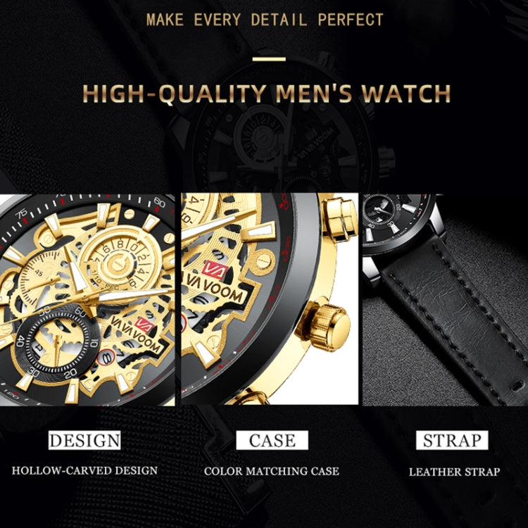 VAVA VOOM 2311P-JK Black Gold Shell Brown Belt Men Waterproof Sports Luminous Calendar Casual Quartz Hollow Watch - Sport Watches by VAVA VOOM | Online Shopping UK | buy2fix