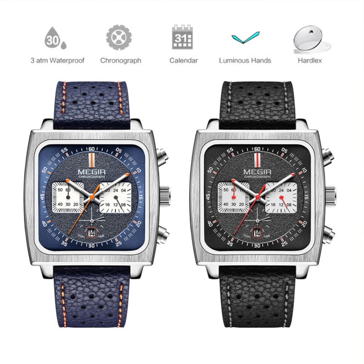 MEGIR 2182 Men Business Chronograph Calendar Waterproof Luminous Watch Square Quartz Watch(Blue Face Blue Belt) - Leather Strap Watches by MEGIR | Online Shopping UK | buy2fix