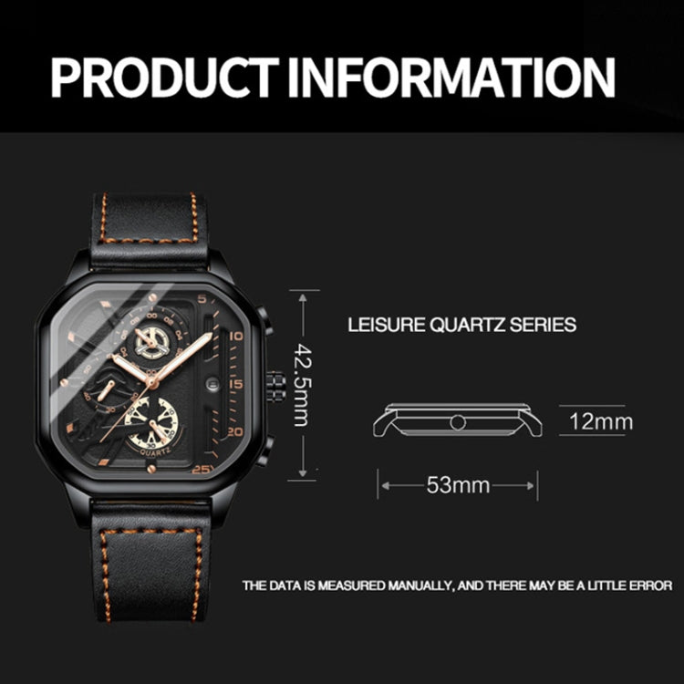 BINBOND B6577 30M Waterproof Luminous Square Quartz Watch, Color: Black Steel-Black-Rose Gold - Metal Strap Watches by BINBOND | Online Shopping UK | buy2fix