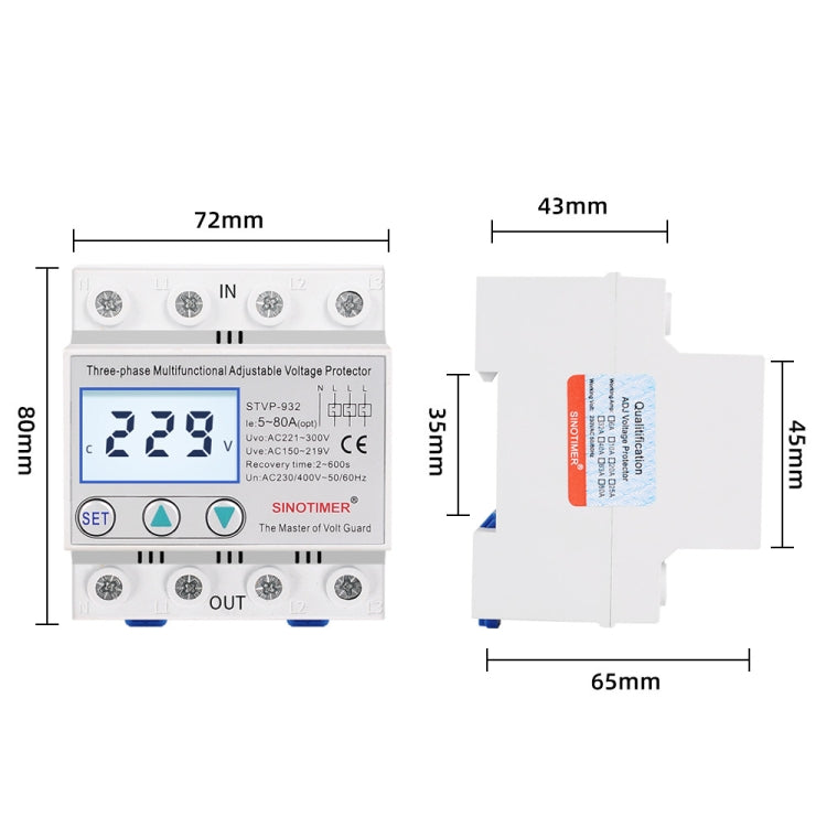 SINOTIMER STVP-932 80A 3-phase 380V LCD Self-resetting Adjustable Surge Voltage Protector - Other Tester Tool by SINOTIMER | Online Shopping UK | buy2fix